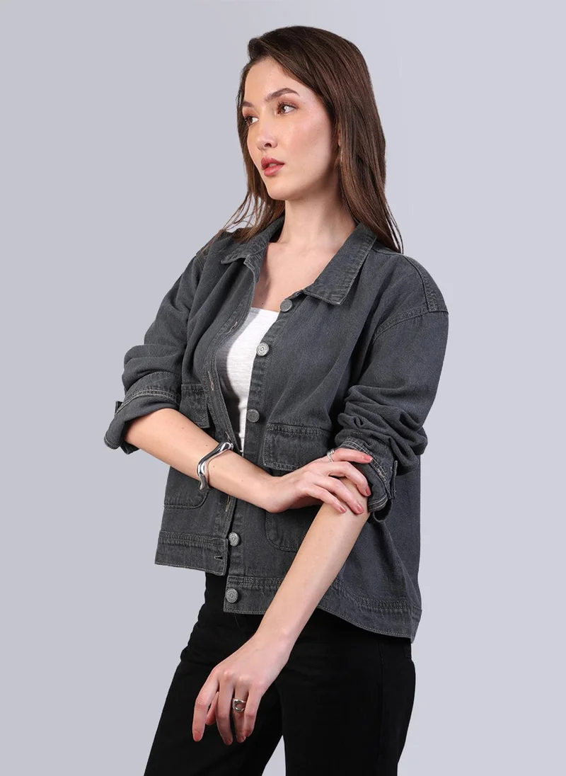 Urbano Fashion  Urbano Fashion Women's Grey Relaxed Fit Full Sleeve Utility Denim Jacket for Women | Best Price UAE